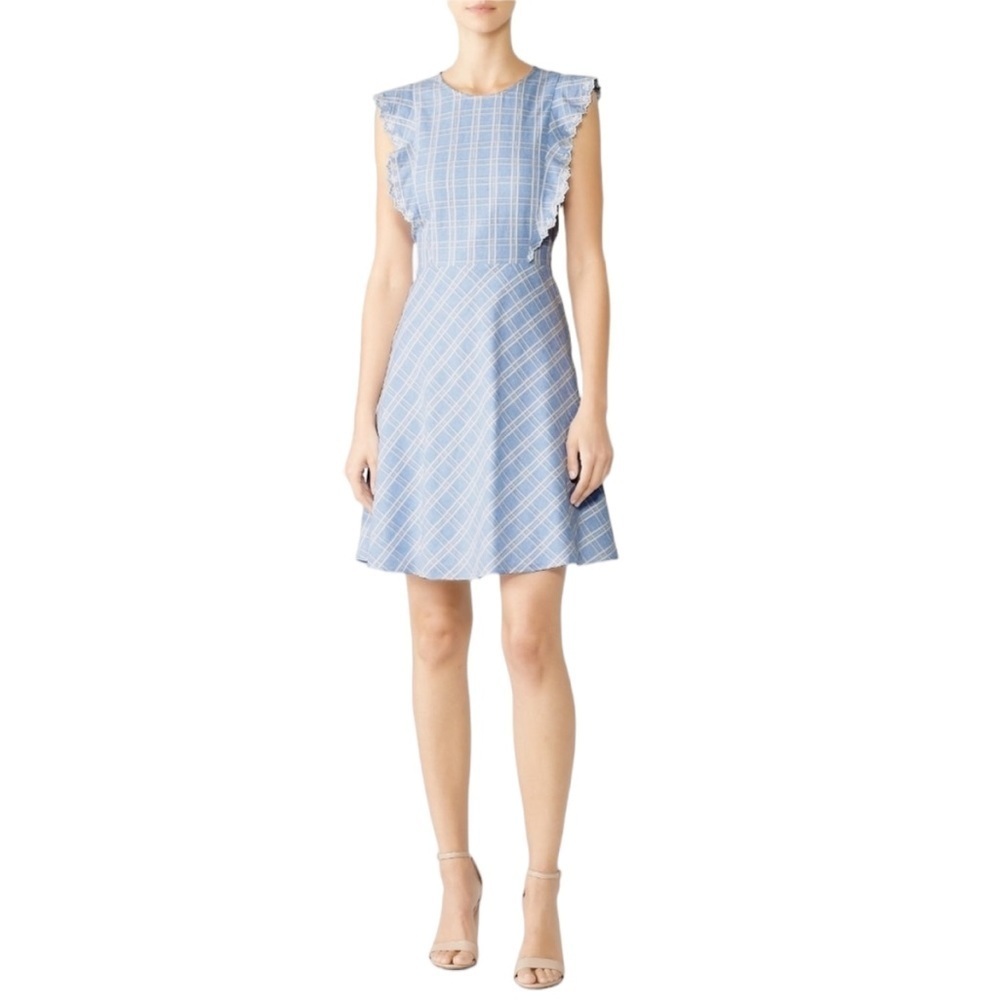 DRAPER JAMES Windowpane Plaid Linen Blend Cutout Dress in Blue/White Size 10